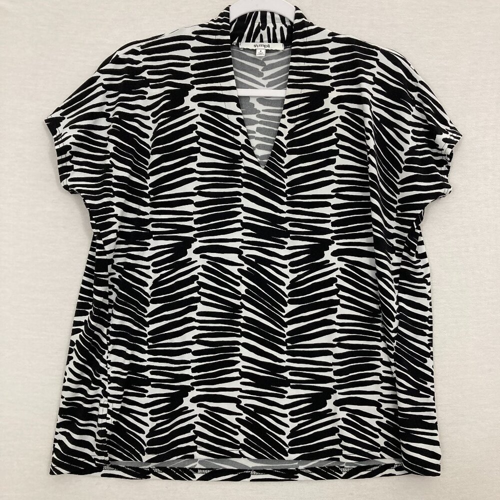 Sympli Black White Abstract Print V Neck Stretch Short Sleeve Top size 6